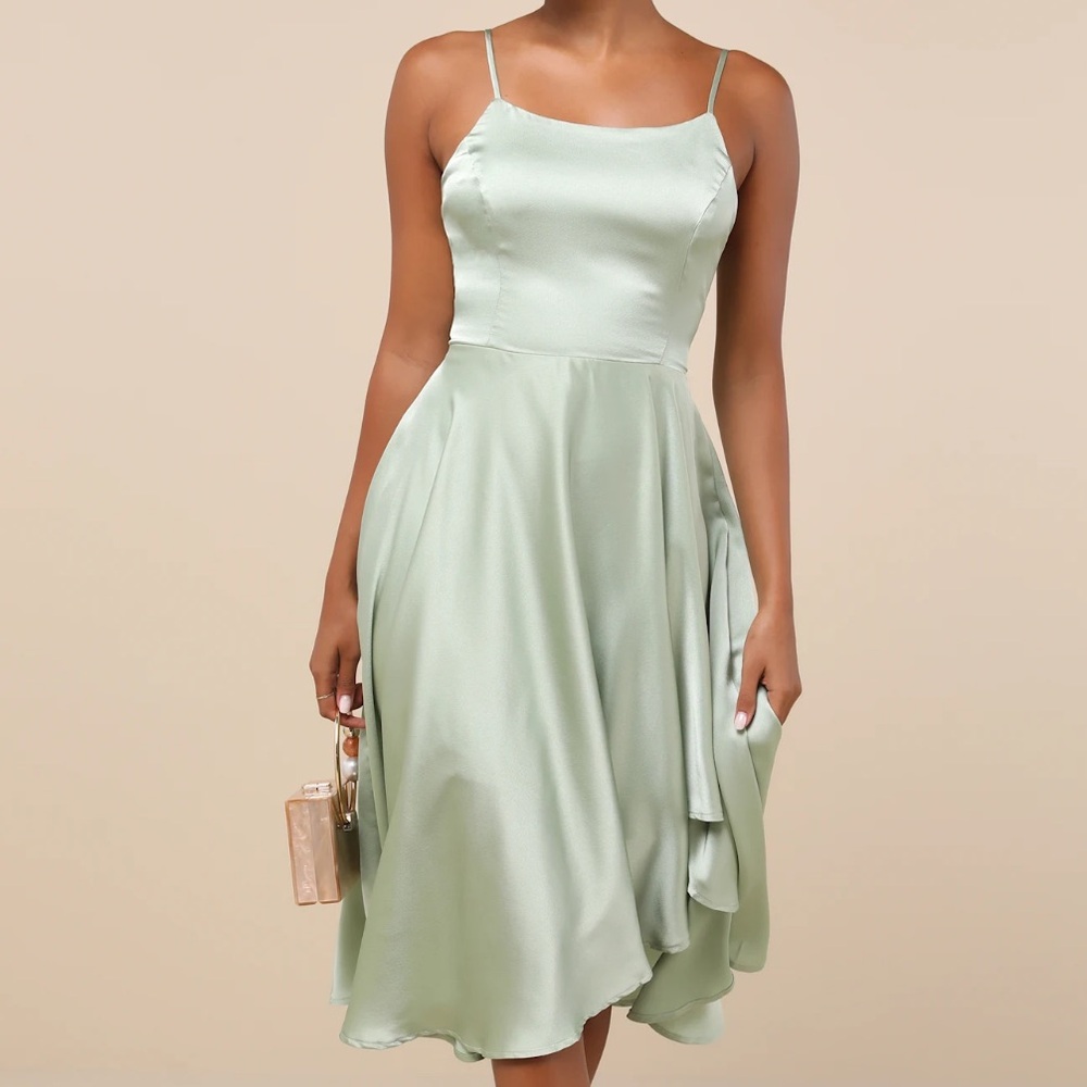 Lulus Days Like Today Sage Green Satin Asymmetrical Tie-Back Midi Dress - Picture 9 of 9